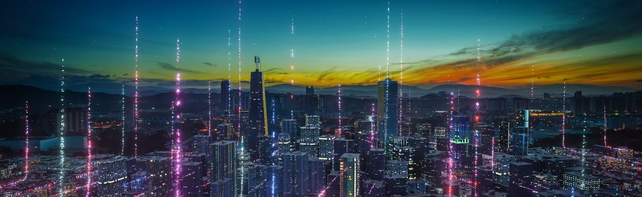 Smart city with particle glowing light connection design, big data connection technology concept. 3d rendering; Shutterstock ID 1898983783