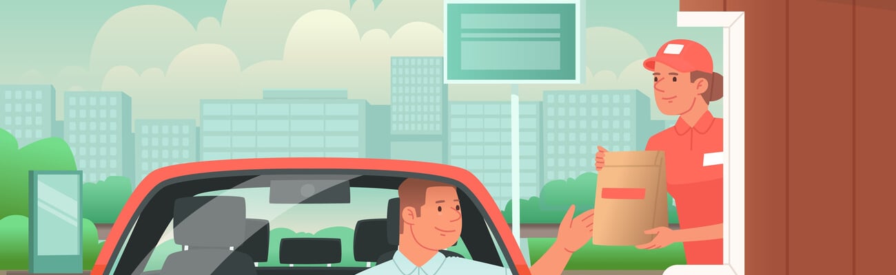 Drive thru. Man drives up to a fast food cafe and picks up his order. Vector illustration in flat style; Shutterstock ID 1957803376