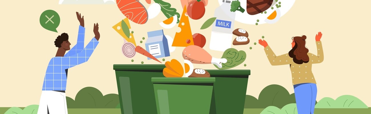 Food waste. Big hands throw leftovers of dishes into trash. Get rid of expired products. Excessive consumption. Taking care of environment. Cartoon flat vector illustration isolated on pink background; Shutterstock ID 2053409072