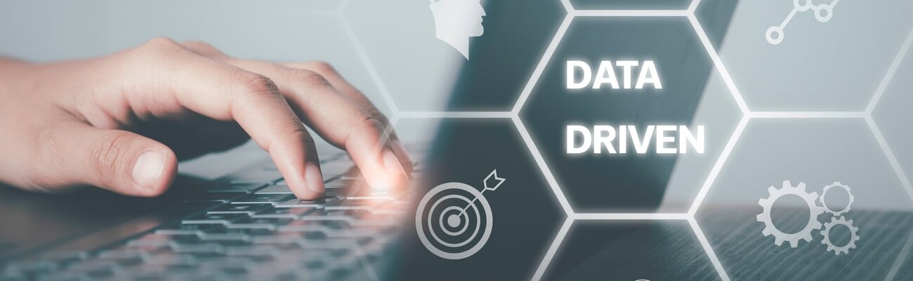 Data driven marketing concept. Data collection icons with Big data analytic message. Marketing technology. Working on computer cubes with data driven. Creative digital development agency.; Shutterstock ID 2154000119
