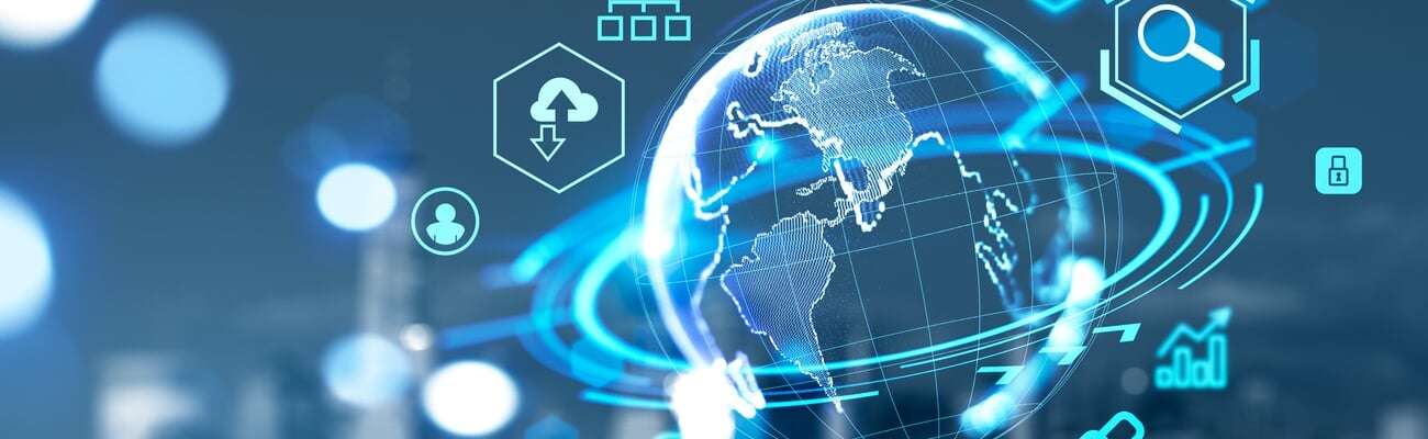 Earth globe with digital connection hologram, New York skyline on background. Metaverse and social marketing. Concept of global internet and worldwide network; Shutterstock ID 2154100269