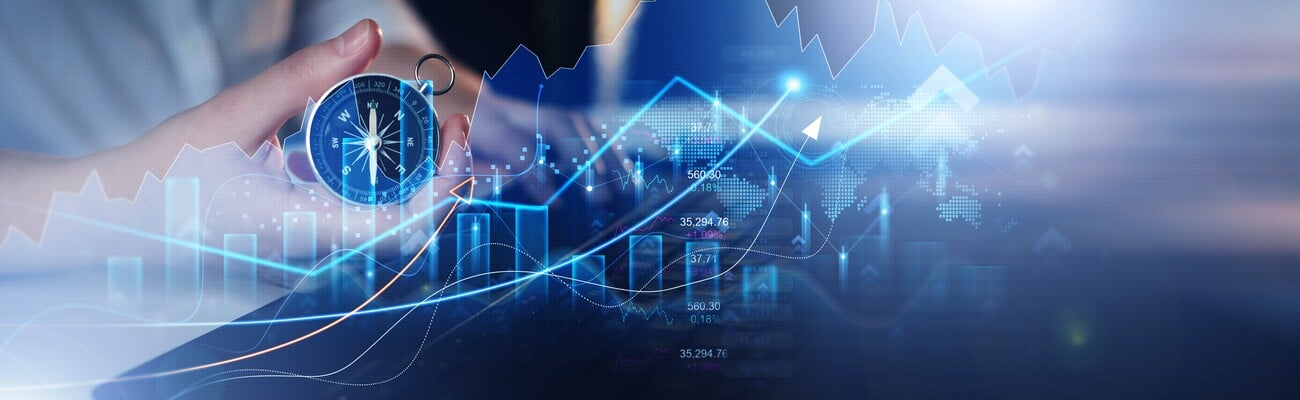 Business person using navigation compass with digital graphics for the right direction and successful business with growing revenue.  Investment of growth on currency rate and business strategy plan.; Shutterstock ID 2223328903