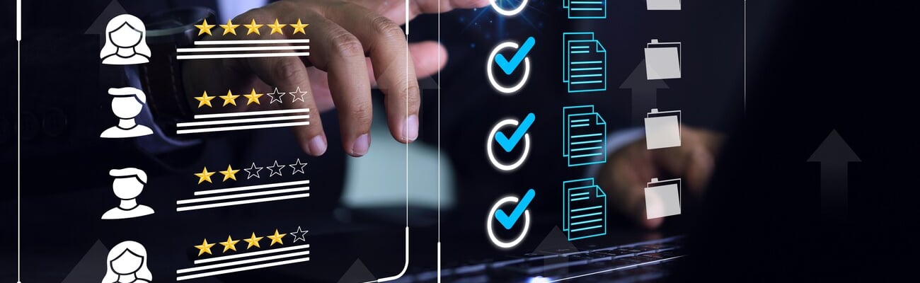 Businessman click blue check mark on laptop screen to vendor evaluate or supplier feedback industrial facility and rated a maximum of five stars according to the ISO documentation management system.; Shutterstock ID 2340902517