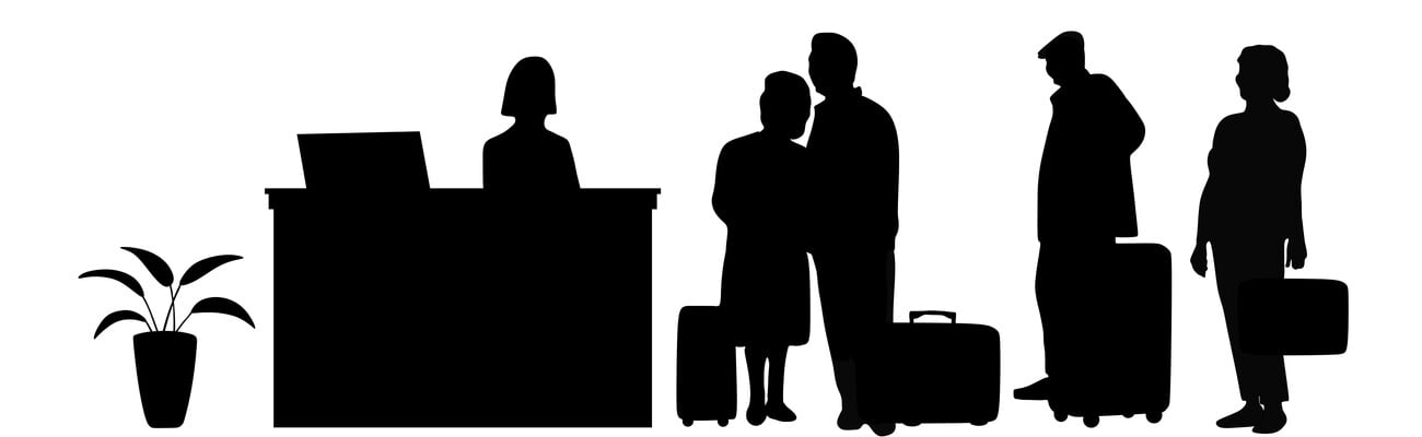“SHOTLISTtravel”. A elderly friends check in or check out at the hotel reception. Elderly friends, receptionist, seniors with suitcase, tourist.; Shutterstock ID 2366093739