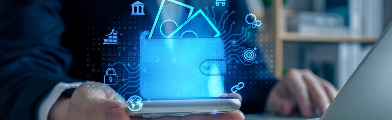 Businessman Hand Using Mobile Phone to Connect Digital Wallet. Mobile banking, online finance, e-commerce, Smart, E-wallet, Financial and Economy.; Shutterstock ID 2385062097