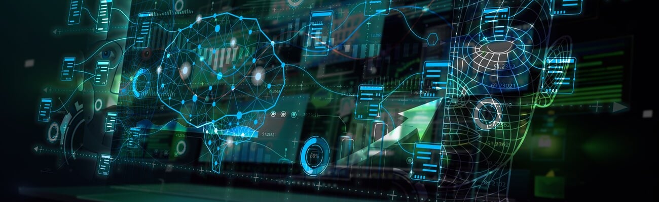 AI, Big Data, and business analytics icons represent the integration of advanced technology in analyzing graphs, business data, and market trends, driving strategic decisions and innovative solutions.; Shutterstock ID 2462546293
