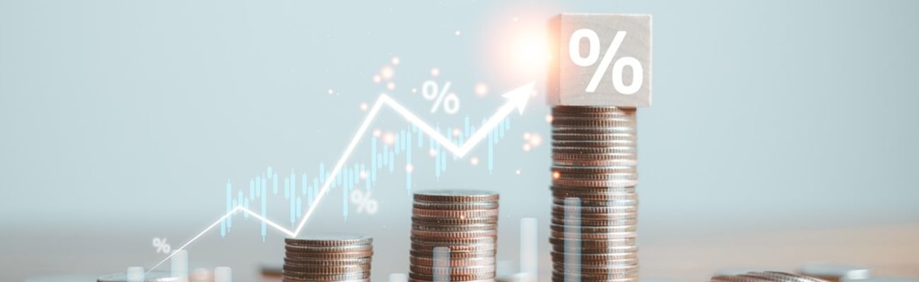 Finance chart showed a significant increase in stock market profits, driven by higher interest rates and steady growth in money investments. finance, growth, increase, interest, money, profit, stock.; Shutterstock ID 2473124043