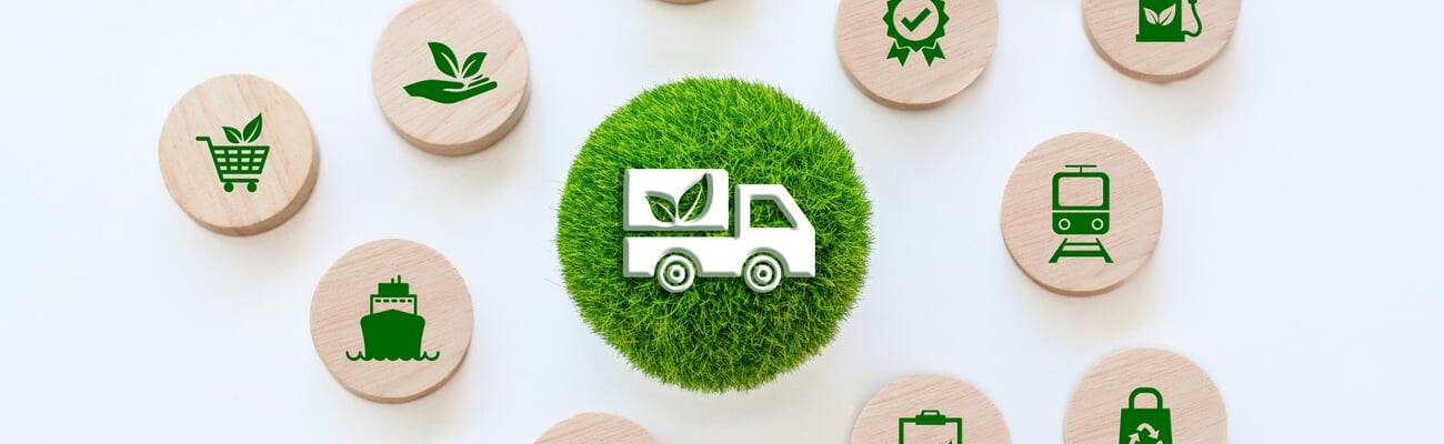 Green Logistics and supply chain concept. A miniature truck on green globe is surrounded by icons of eco-friendly practices, clean energy for transportation. Sustainable development and transport.; Shutterstock ID 2487840341