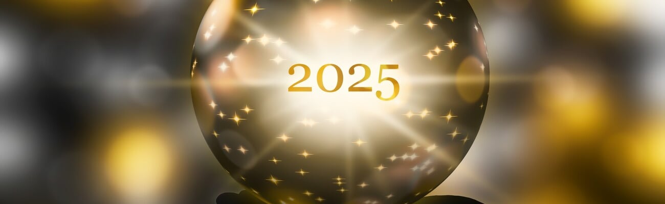 fortunetelling 2025 with a crystal ball in a hand, festive atmosphere for happy new year party or award ceremony or other celebrations, 3d illustration; Shutterstock ID 2502782743