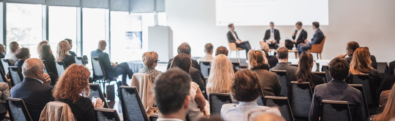 Interview and round table discussion at business convention and presentation. Audience at the conference hall. Business and entrepreneurship symposium.; Shutterstock ID 2529858977