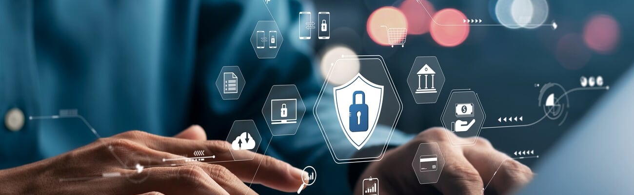 cybersecurity concept Global network security technology, business people protect personal information. Encryption with a padlock icon on the virtual interface.; Shutterstock ID 2164910349