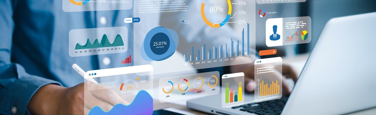 An analyst uses a computer and dashboard for data business analysis and Data Management System with KPI and metrics connected to the database for technology finance, operations, sales, marketing ; Shutterstock ID 2285412737