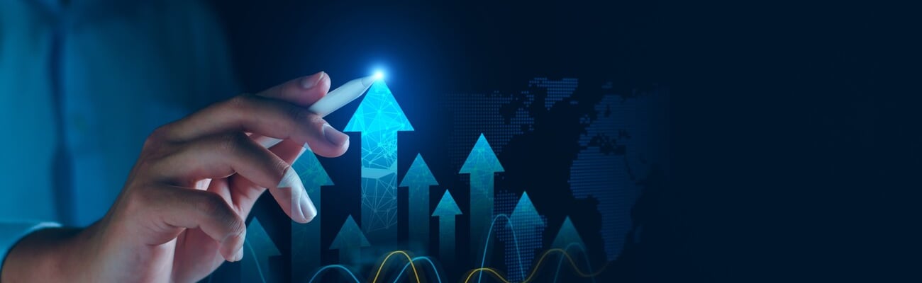 Business Growth and development chart of company. arrows pointing up, Planning, good sales performance return on investment, opportunity, challenge business strategy. Development to success motivation; Shutterstock ID 2278439623