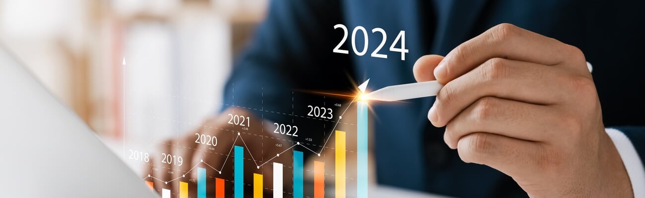 Businessman analyzes profitability of working companies with digital augmented reality graphics, positive indicators in 2024, businessman calculates financial data for long-term investments.; Shutterstock ID 2273999575