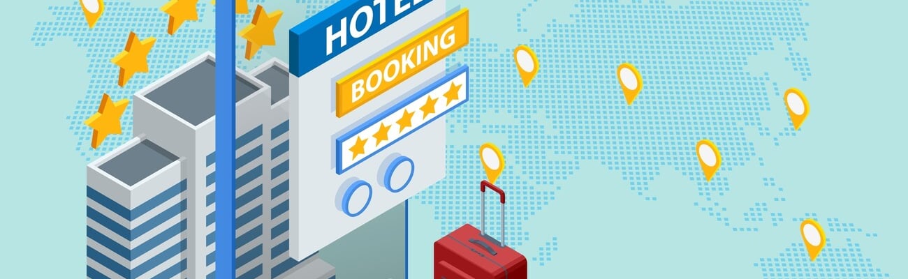 Isometric online hotel booking concept.People booking hotel and search reservation for holiday. Smartphone maps gps location.; Shutterstock ID 2459450153