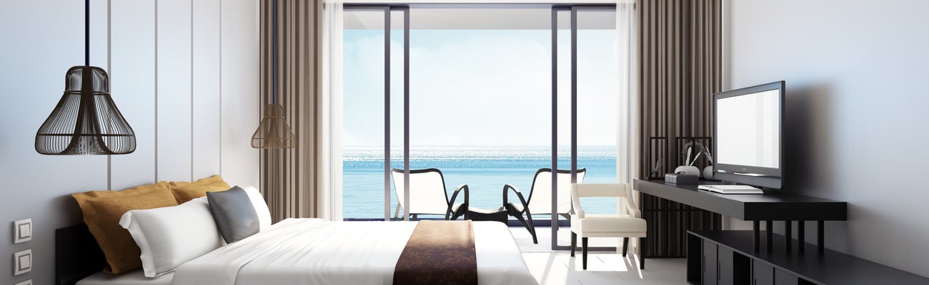 Modern sea view bedroom / 3D rendering; Shutterstock ID 756956185