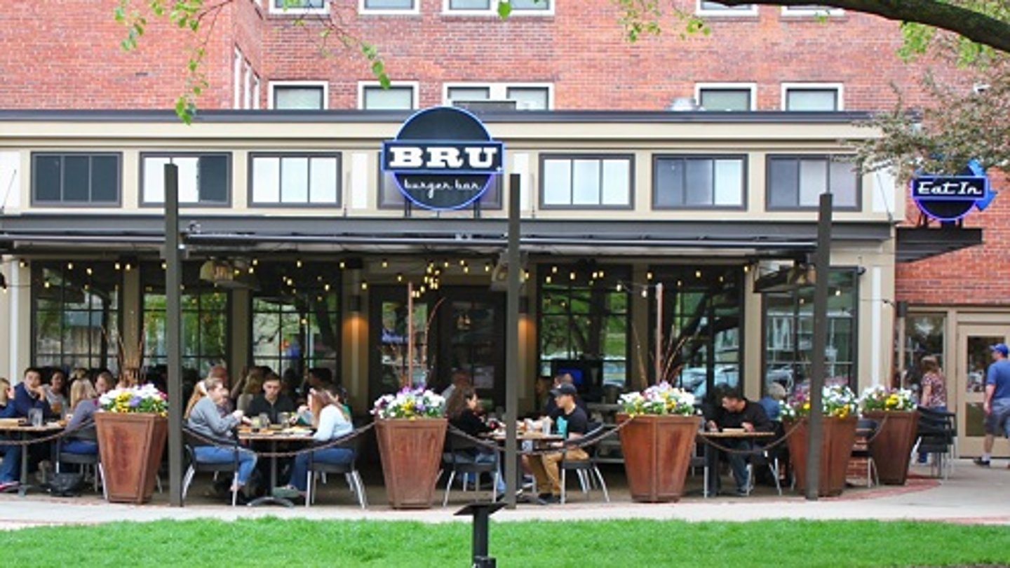 a group of people sitting at a table in front of a brick building