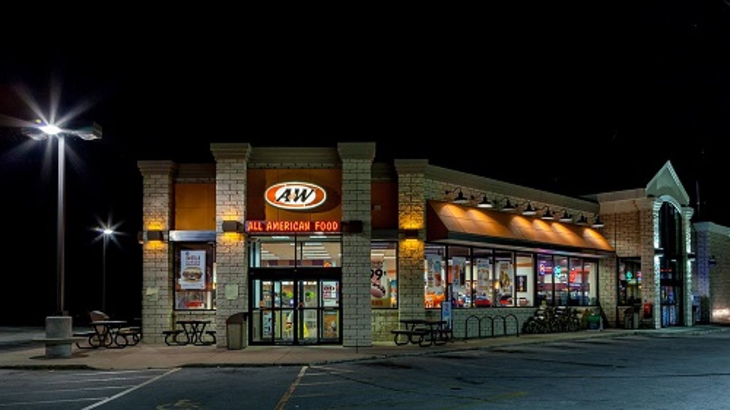 a store front at night