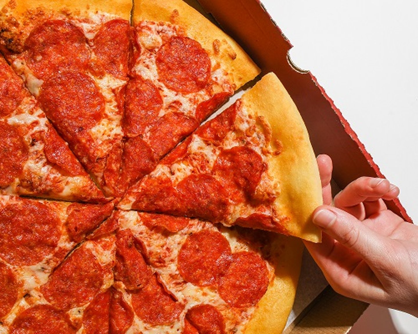 a hand holding a slice of pizza