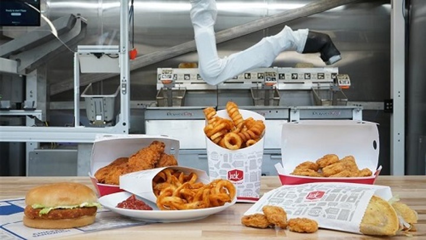 Jack in the Box burger and fries with Flippy