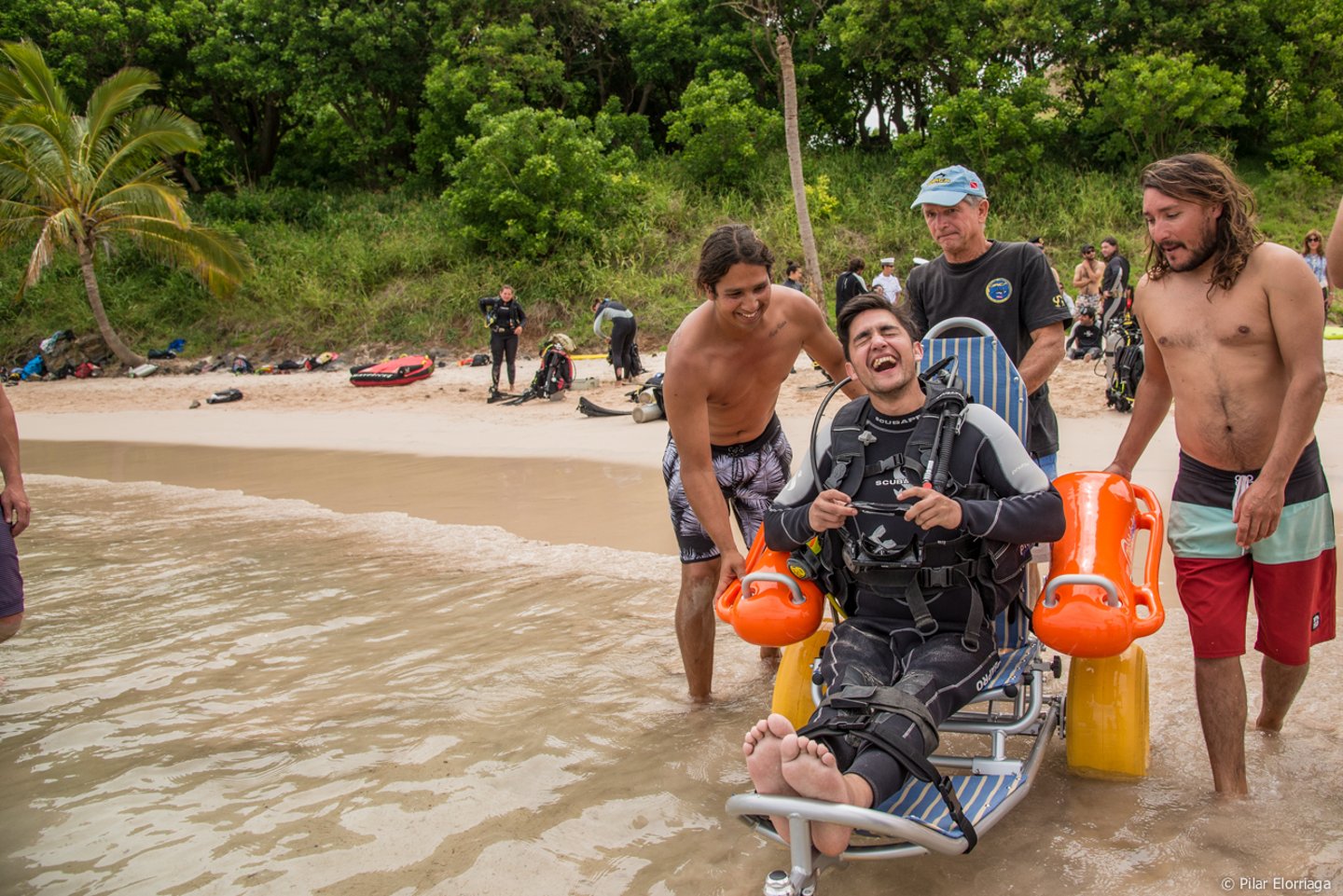 Man in a special wheelchair for swimming