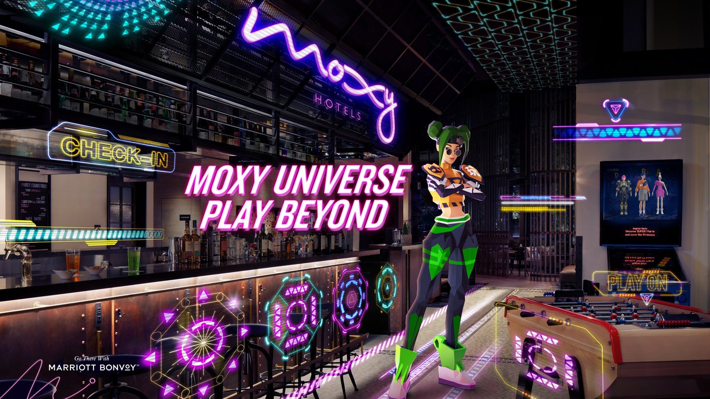 Moxy Hotel Bar with AR elements displayed including an avatar