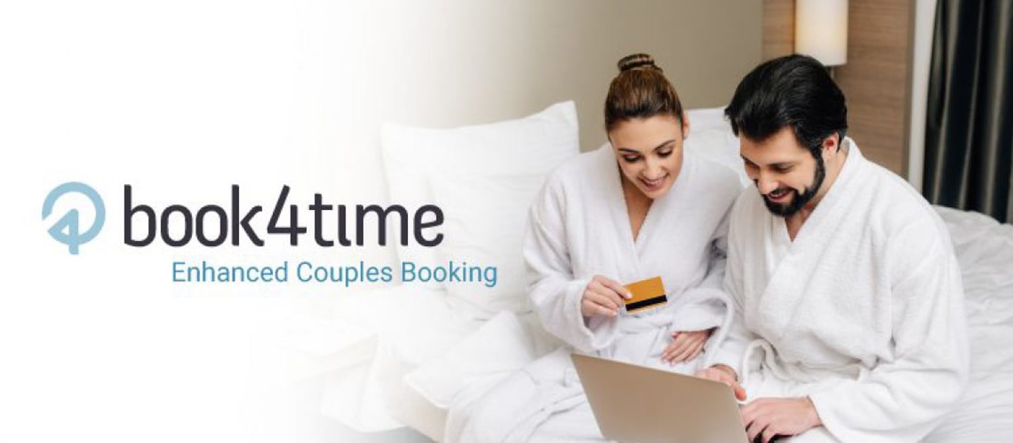 Couple in hotel room booking a spa appointment