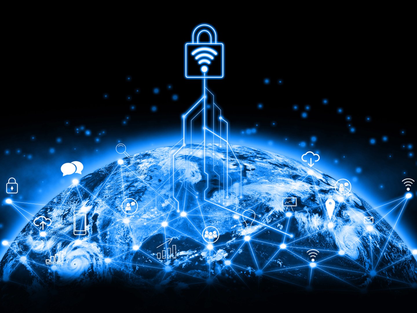 internet and iot connections worldwide with security icon