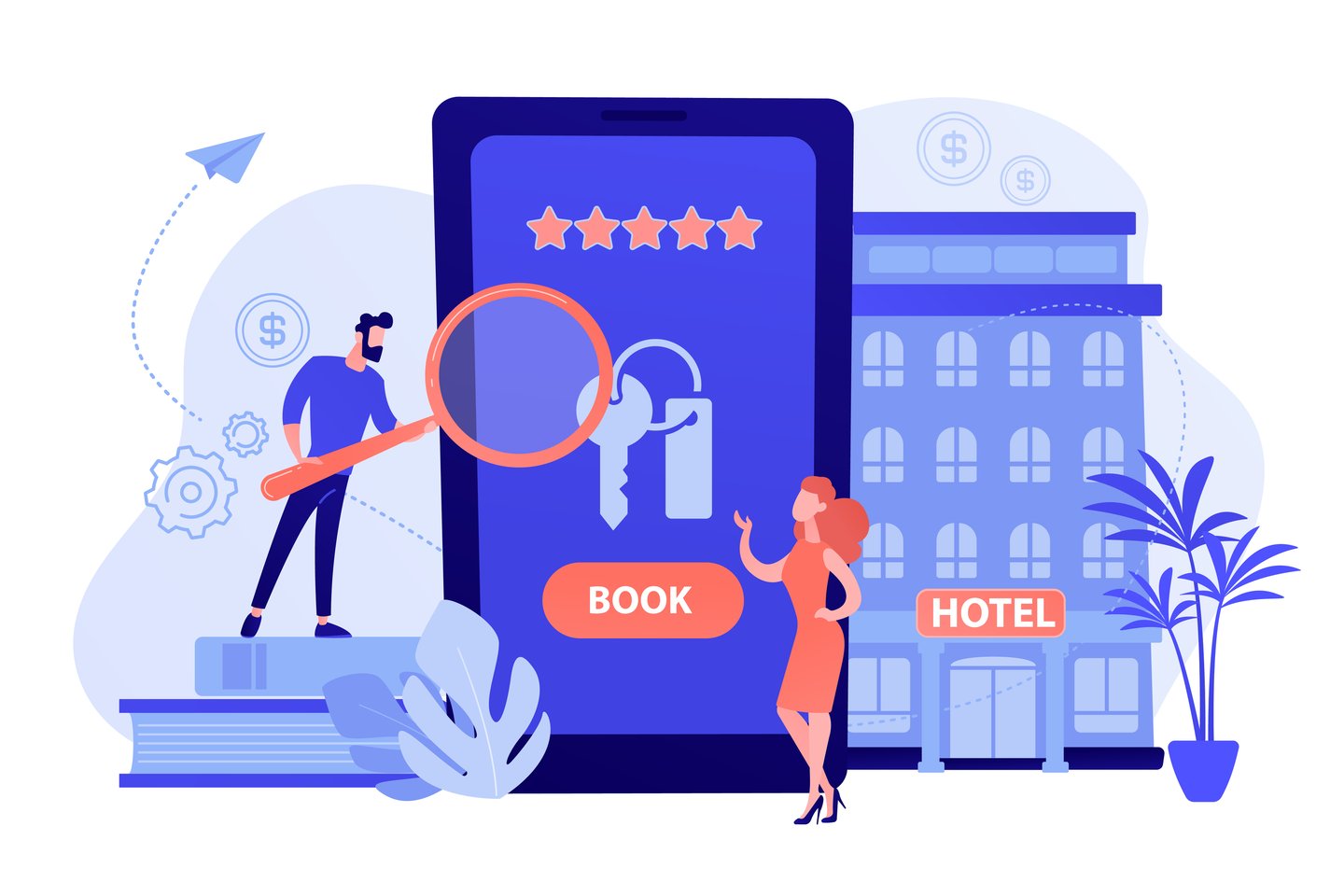 cartoon image of people booking a hotel via smartphone