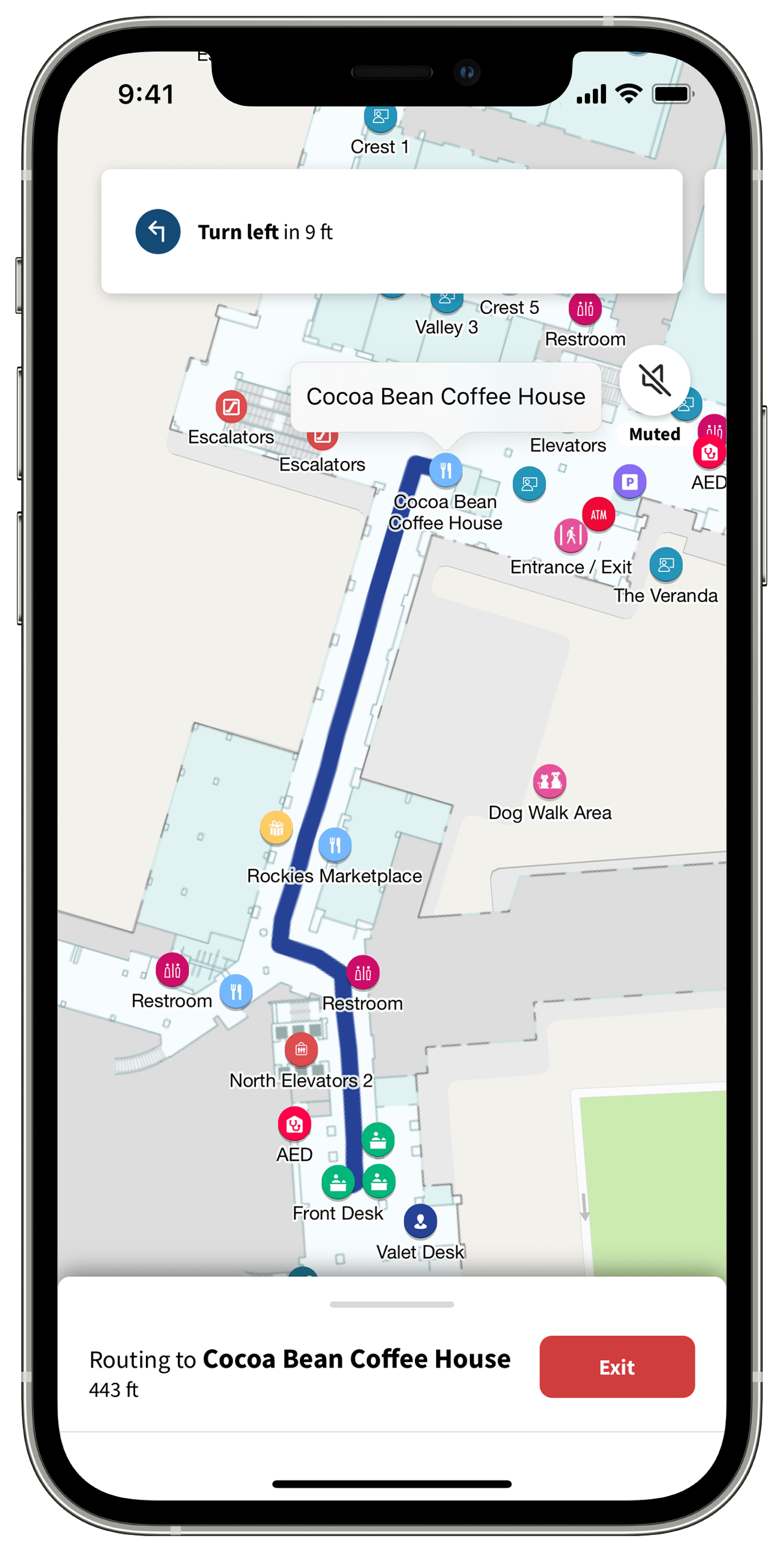 Gaylord Hotels Wayfinding App with route highlighted