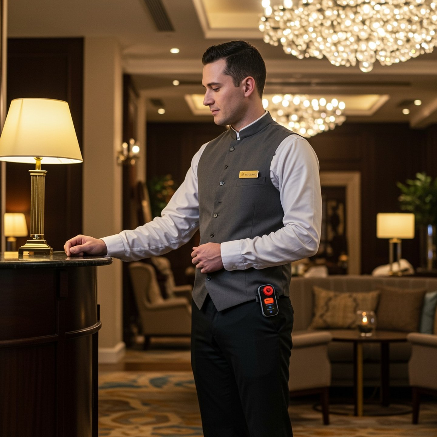 hotel staff member wearing panic button