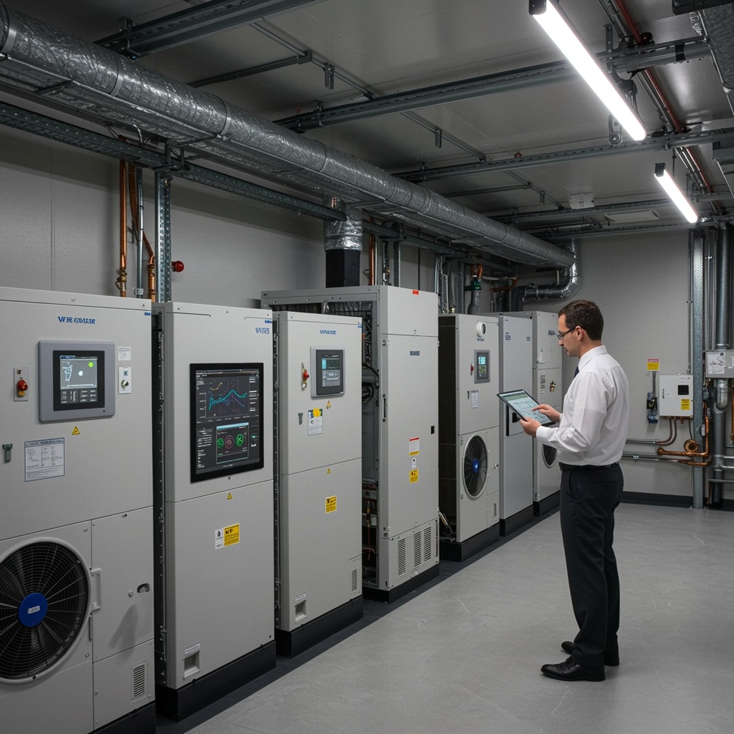 “A hotel engineer or facility manager remotely monitoring HVAC performance on a tablet, standing beside smart HVAC equipment in a modern utility room