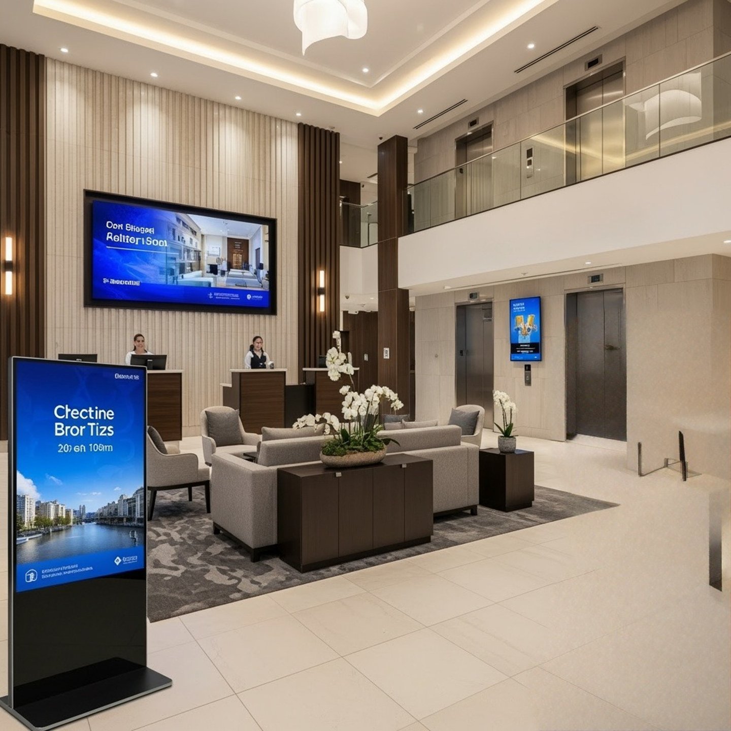 Hotel lobby with digital signage