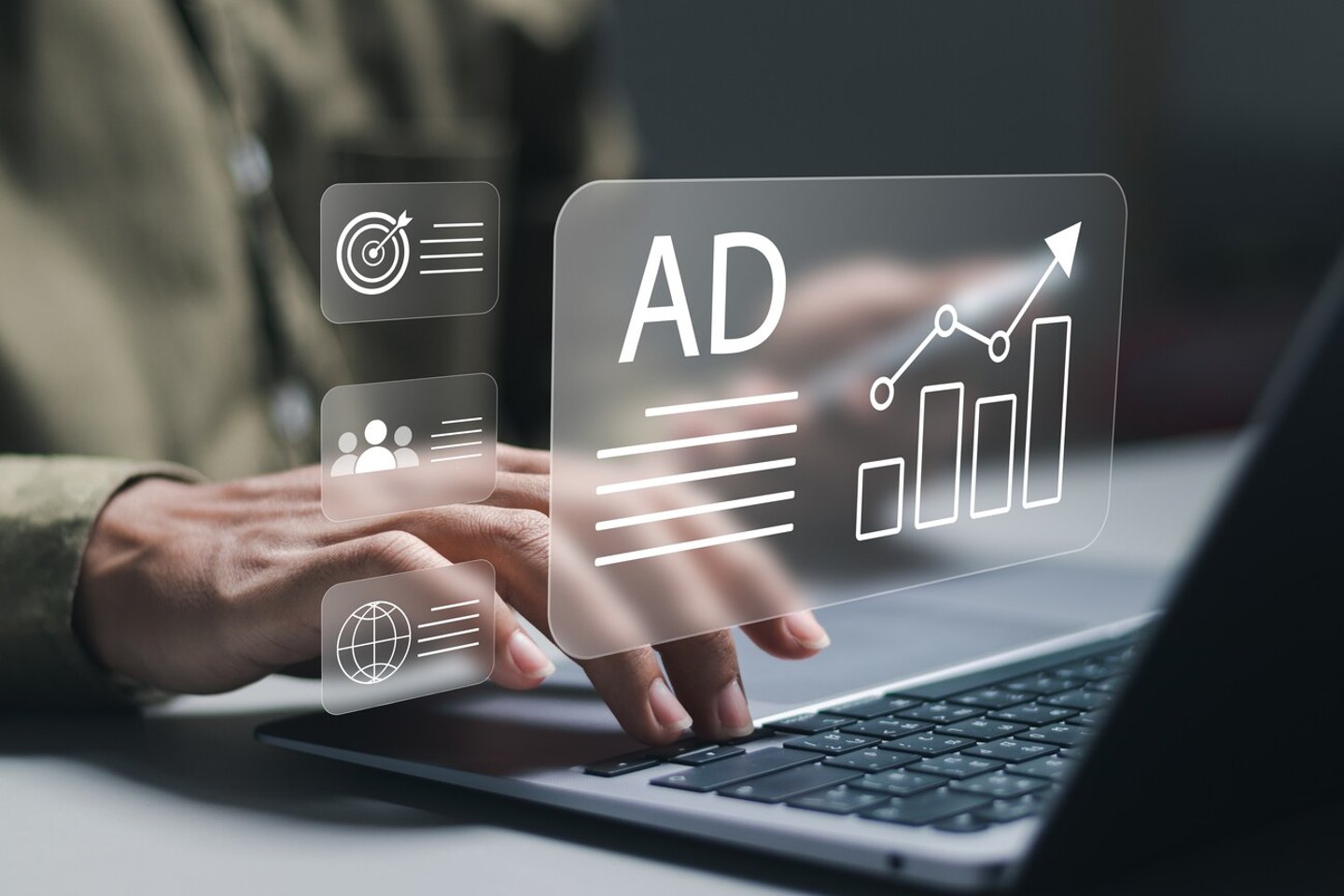 Digital marketing commerce online sale concept, Businessman use laptop with advertising on website. planning advertising marketing strategies to target social media native, ad, advertisers, sales.; Shutterstock ID 2408853147