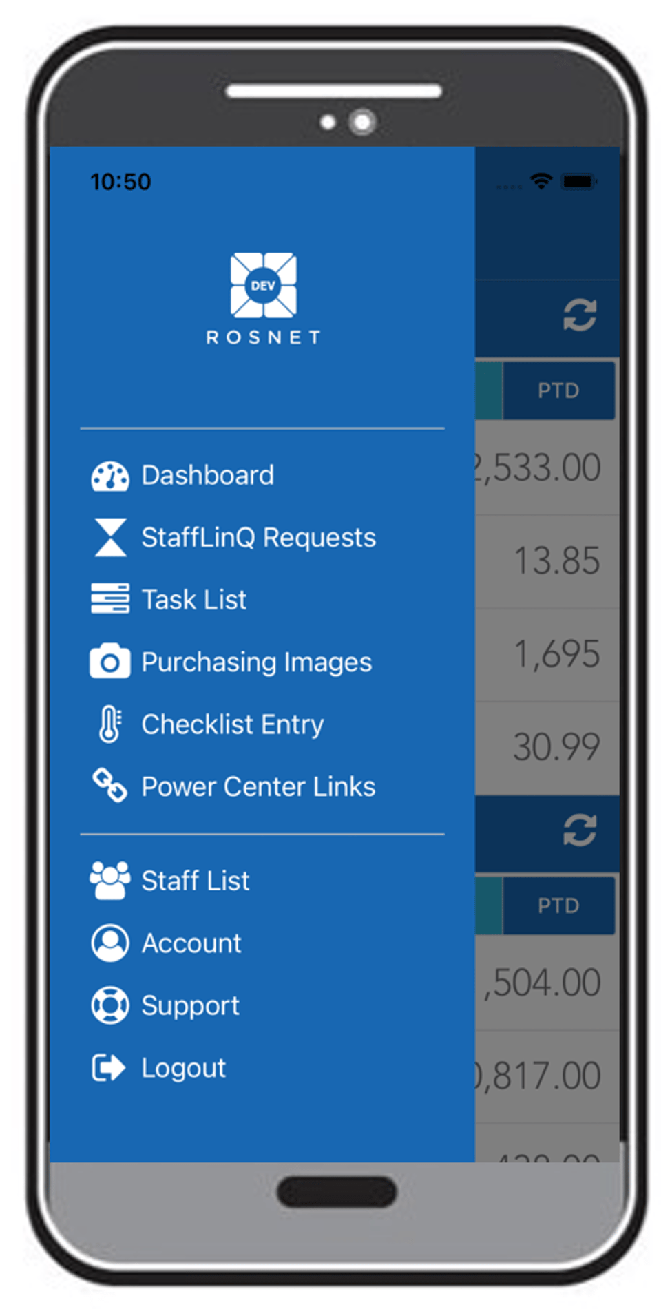 Rosnet app menu