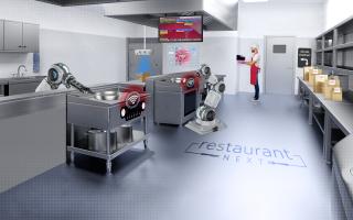 a kitchen with a table in a room