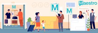 drawing of a hotel front lobby showing employees using mobile tech to communicate