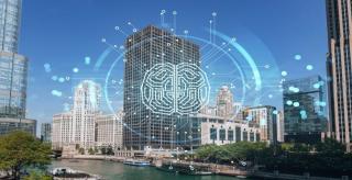 buildings with digital icon overlay