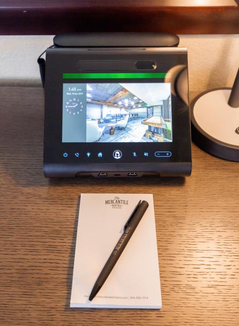 Angie in room device at the Mercantile Hotel in New Orleans
