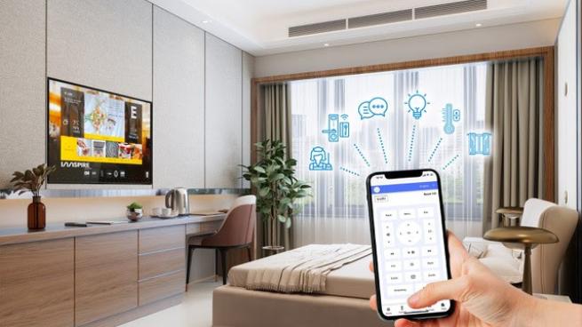 smartphone connected to hotel guestroom TV